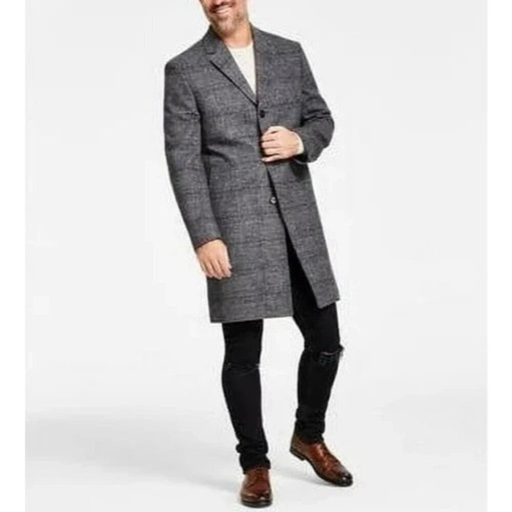 NEW Lands' End Men's M  Wool Dark Gray Plaid Patterned Pea Coat